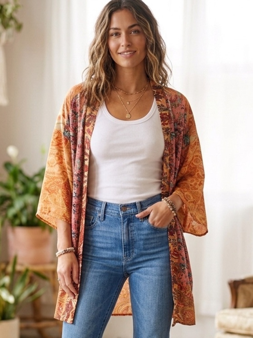 Karma Highway Boho Paisley Patchwork Kimono Cardigan Wrap Coverup OS
